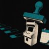 Editorial illustration of a government stamp over an arcade machine silhouette