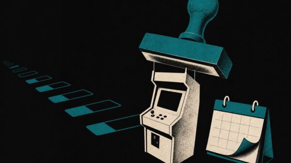 Editorial illustration of a government stamp over an arcade machine silhouette