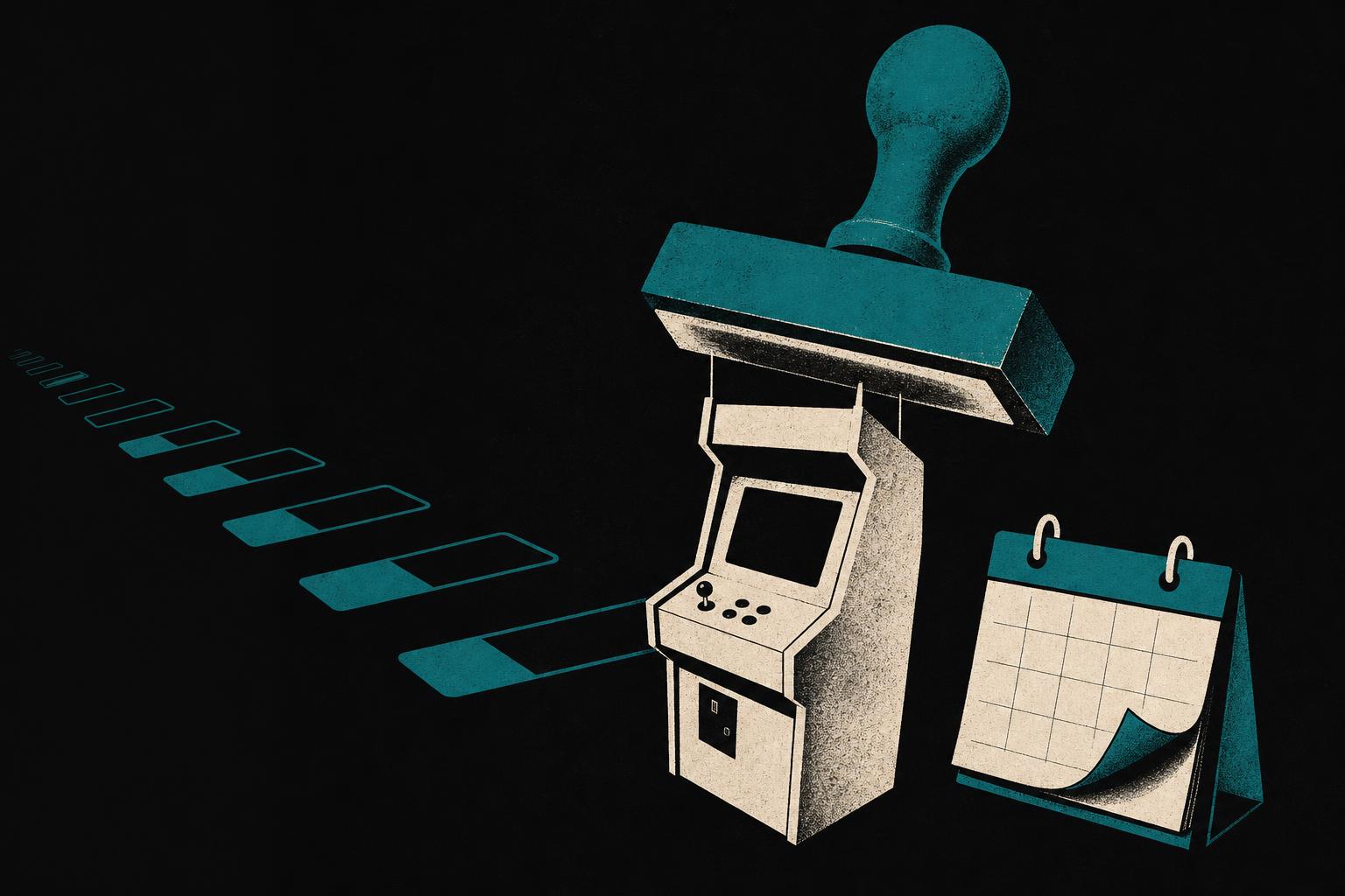 Editorial illustration of a government stamp over an arcade machine silhouette