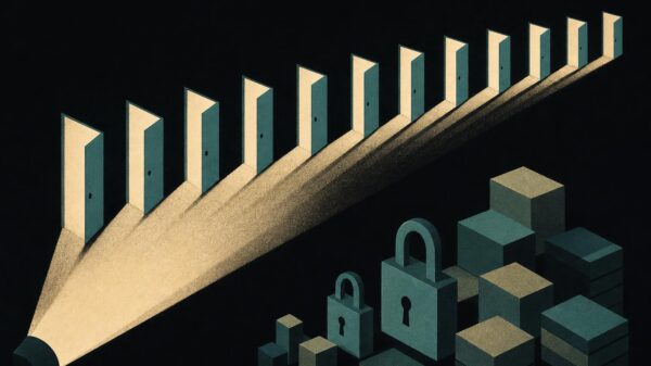 Illustration of eleven doors opened by searchlights with padlocks, representing a police raid on an illegal gambling ring