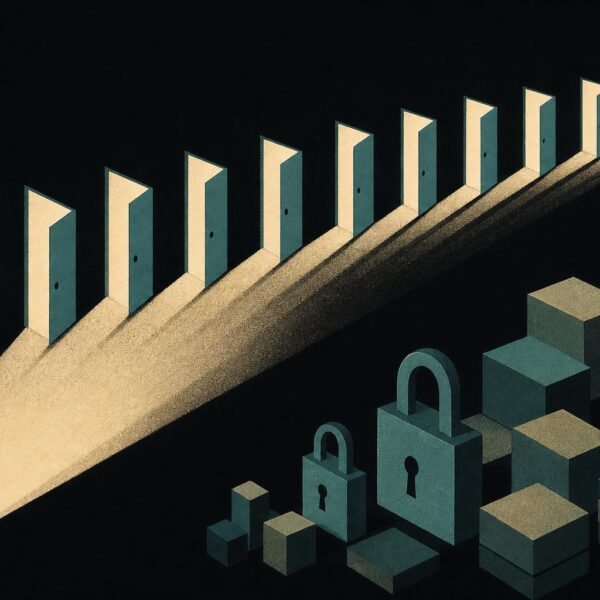 Illustration of eleven doors opened by searchlights with padlocks, representing a police raid on an illegal gambling ring