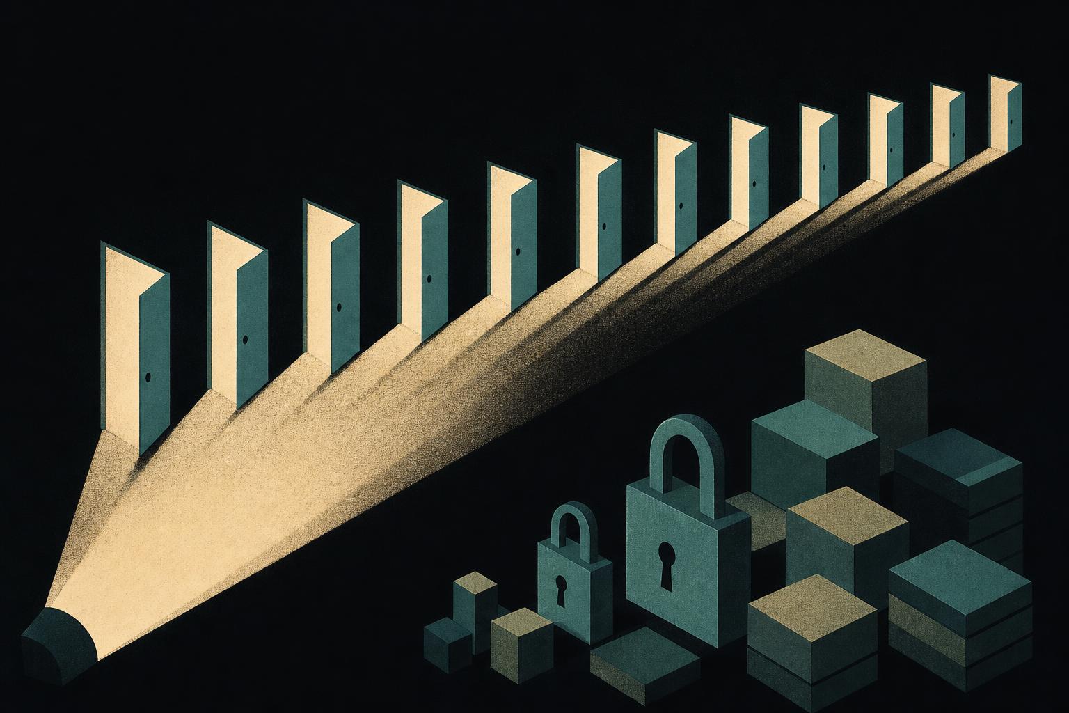 Illustration of eleven doors opened by searchlights with padlocks, representing a police raid on an illegal gambling ring